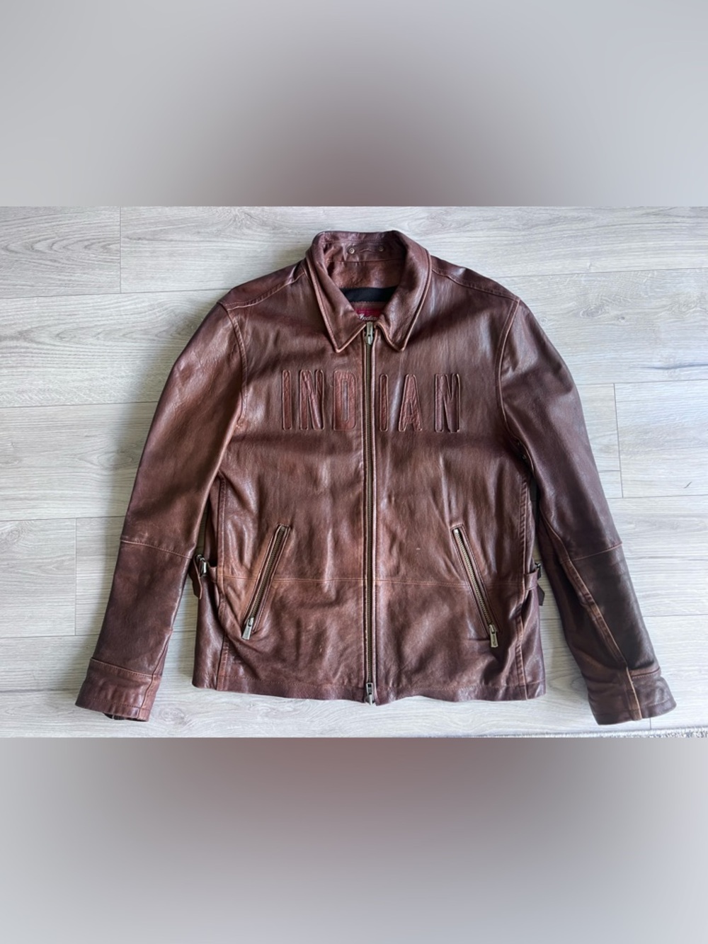 Indian Motorcycle Jacket Brown Leather Mens Large Leather Embl